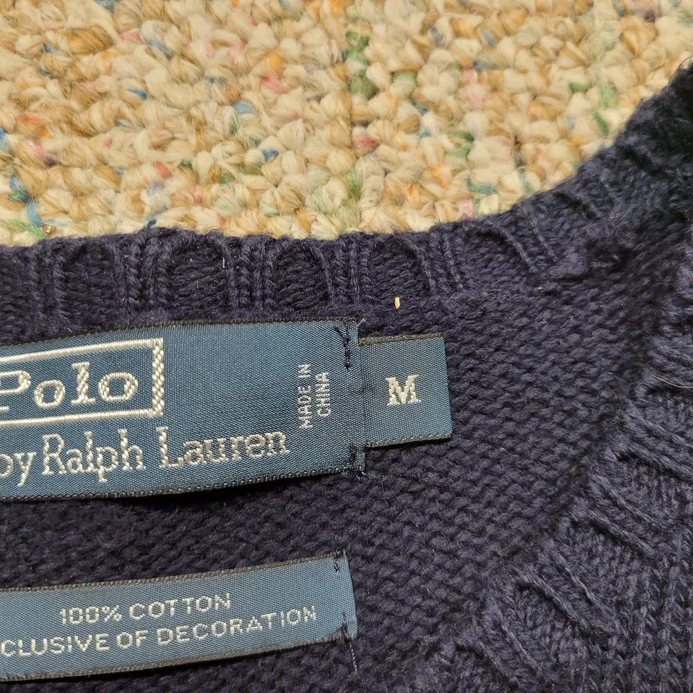 Polo Ralph Lauren Sweater Mens Medium Blue Knit Heavy Fisherman Cotton Pony Prep